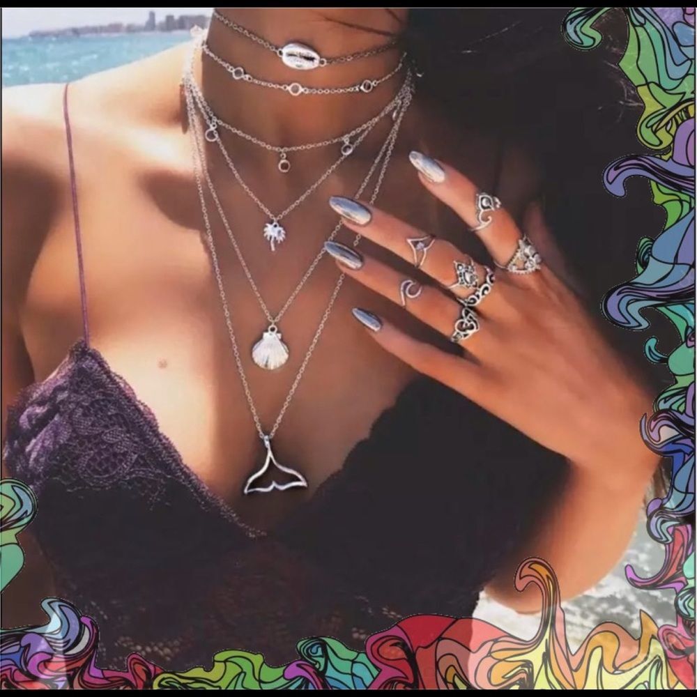 6 Layer Boho Gypsy Beach Silver Mermaid Necklace